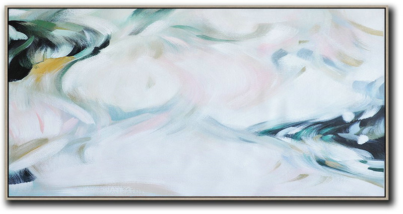 Large Panoramic Abstract Art On Canvas,Abstract Oil Painting,White,Pink,Green